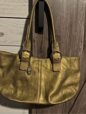 Tignanello Metallic Gold Leather Tote Handbag LG Shoulder Purse Pebbled Leather